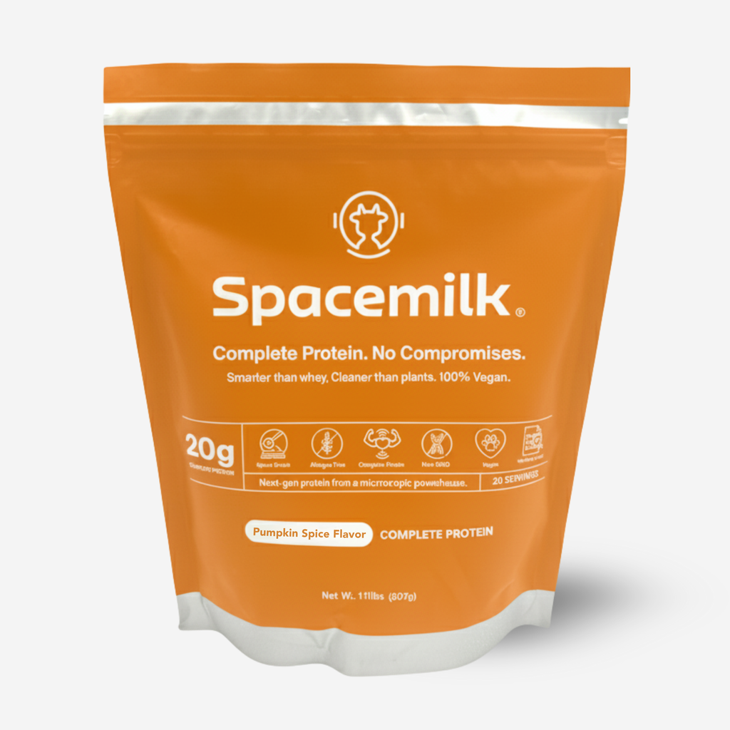 Spacemilk pumpkin spice protein powder package on a white background